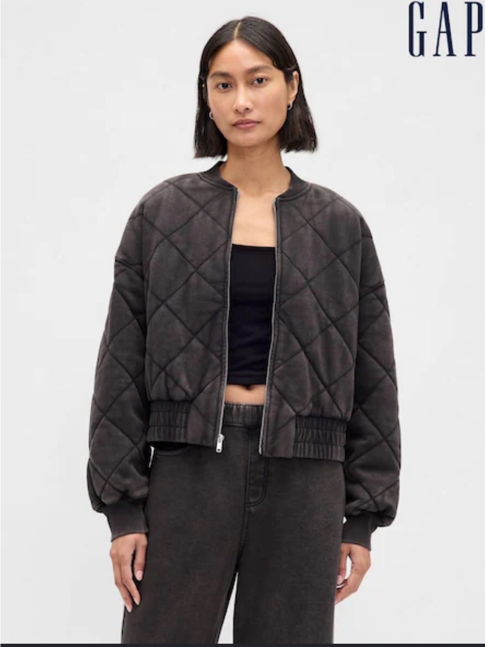 GAP Quilted Bomber Jacket in Dark Charcoal